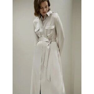 LILYSILK 100% Mulberry Silk Trench-Style Silk Midi Shirt Dress Pale Gray Luxury